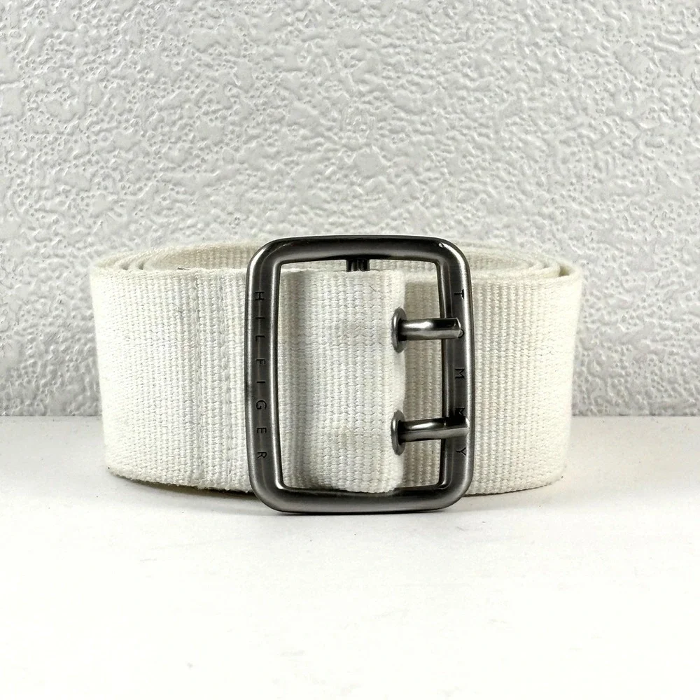 Tommy Hilfiger Webbed Belt Womens XL White Double Prong Canvas Wide Preppy Y2K - Picture 1 of 3